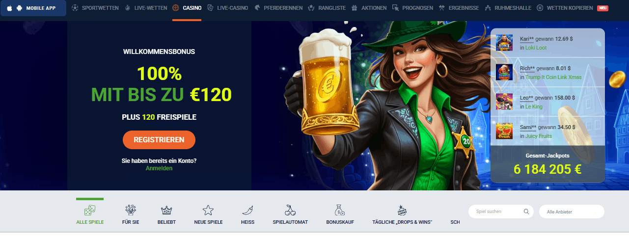 20bet Casino Welkomstbonus – 100% tot €120 + 120 Gratis Spins